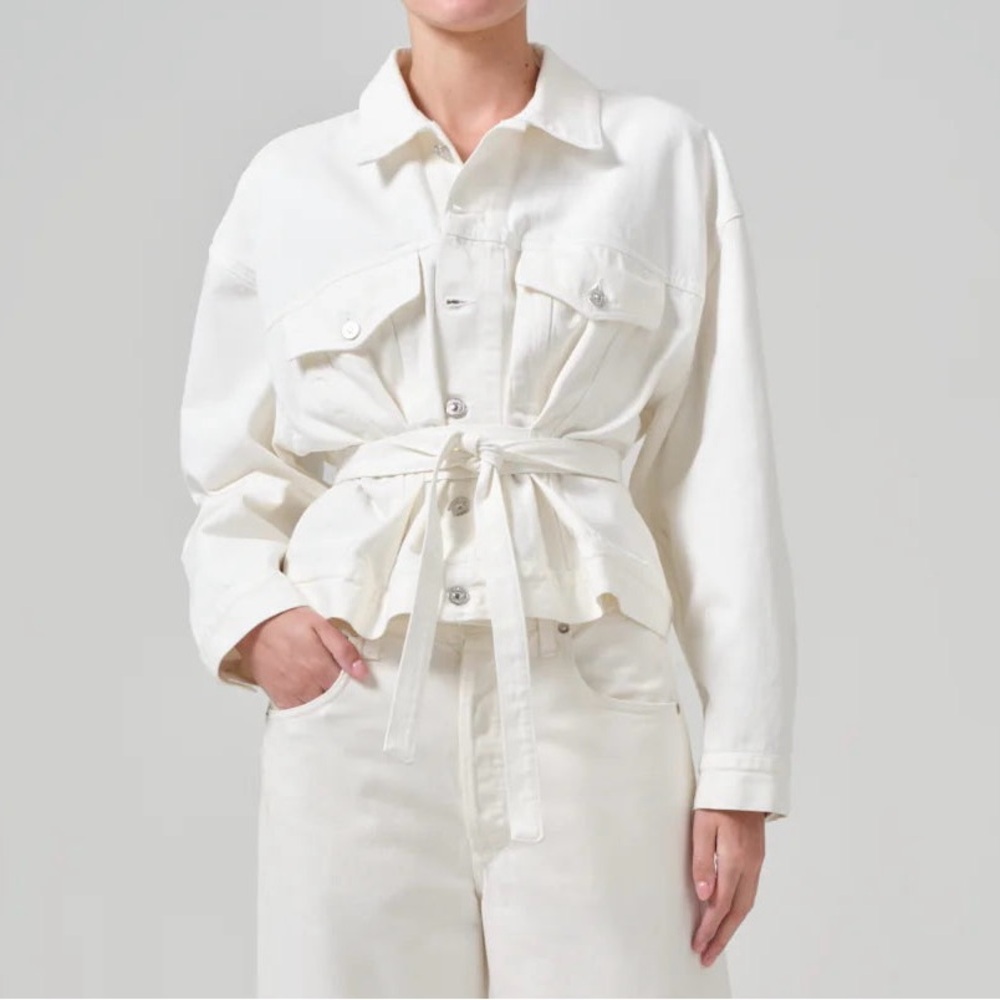 Citizens Of Humanity Leela Belted Denim Peplum Jacket in Pashmina Ecru